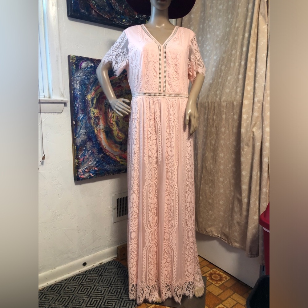 Women's V Neck Short Sleeve Floral Lace Bridesmaid Cocktail Party Maxi Dress